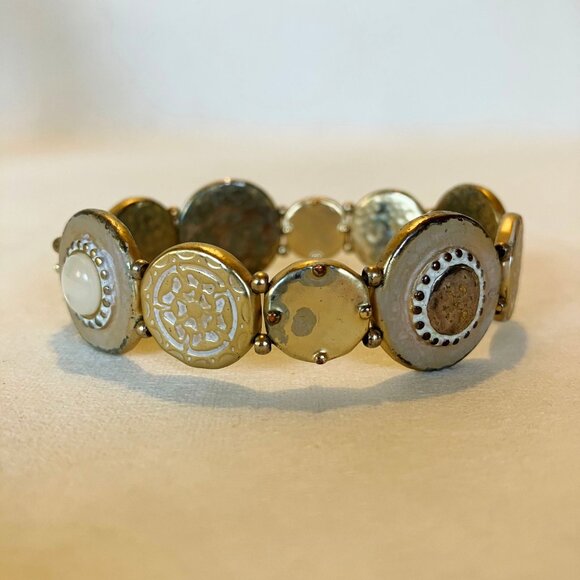 Chico's Set Necklace Bracelet Coin Pendant Gold Tone Metal Mother Of Pearl Stone - Picture 13 of 15